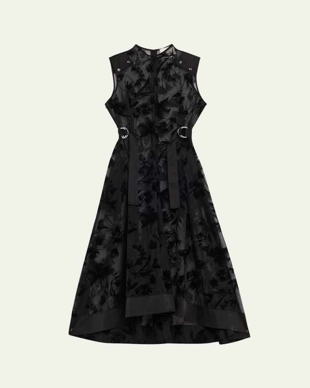 Sleeveless Flocked Organza Midi Dress